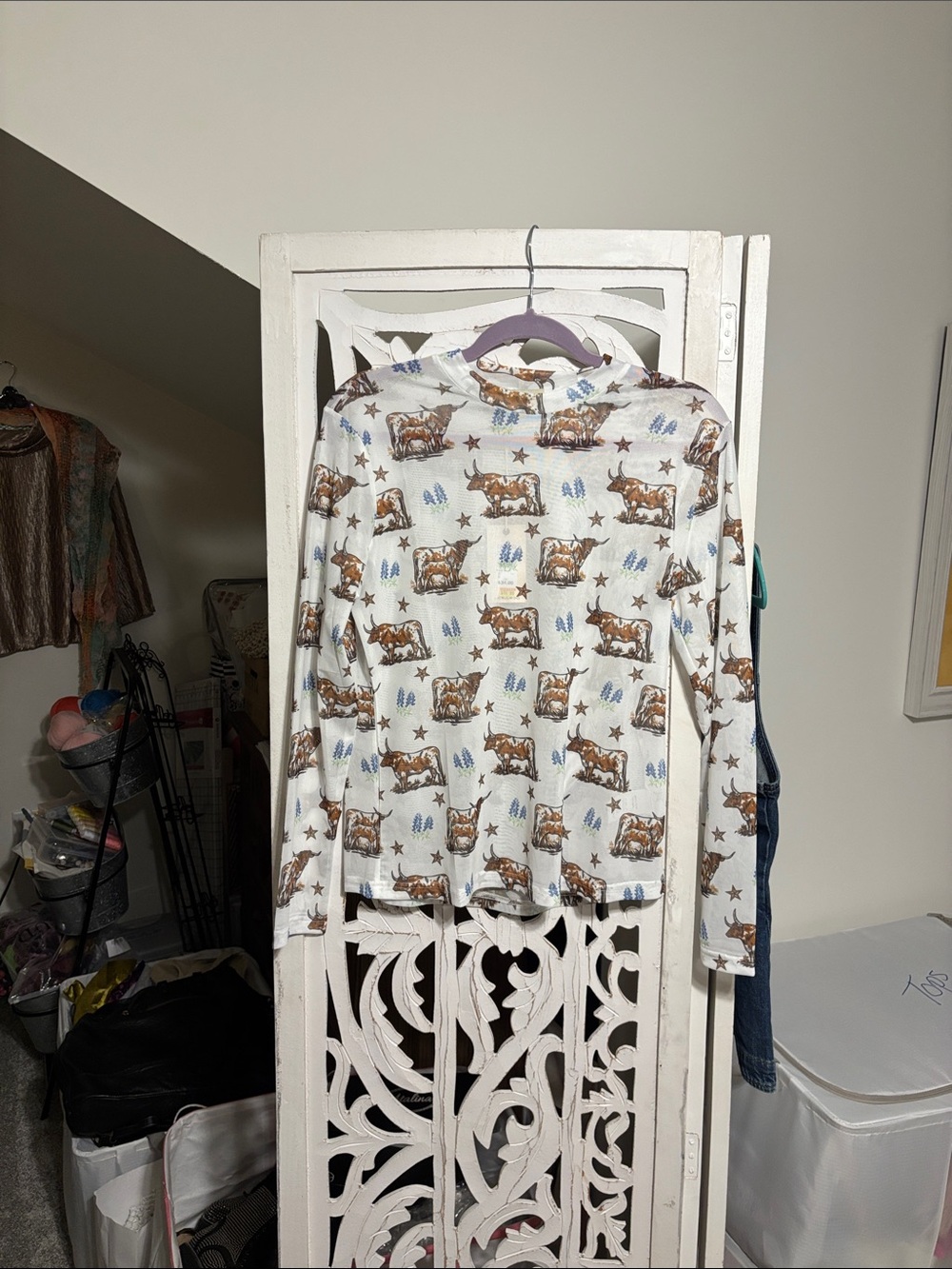 Long Sleeve Western Cow Print Shirt - Cream